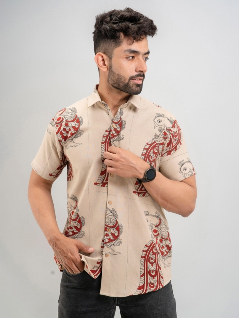 

Firangi Yarn Men Beige Classic Regular Fit Peacock Madhubani Printed Casual Shirt