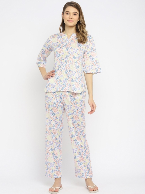 

shopbloom Women White & Blue Printed Pure Cotton Night suit