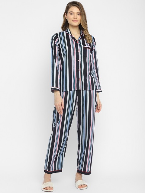

shopbloom Women Navy Blue & Pink Striped Night suit