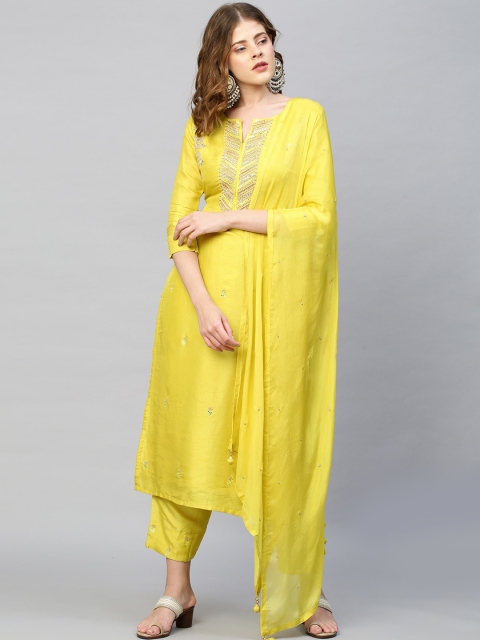 

FASHOR Women Yellow Ethnic Motifs Embroidered Beads and Stones Pure Silk Kurta with Trousers & With Dupatta