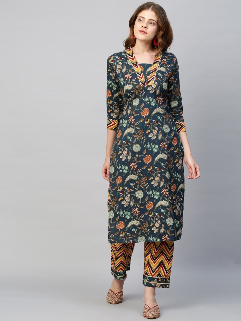

FASHOR Women Green Printed Angrakha Gotta Patti Pure Cotton Kurta with Trousers