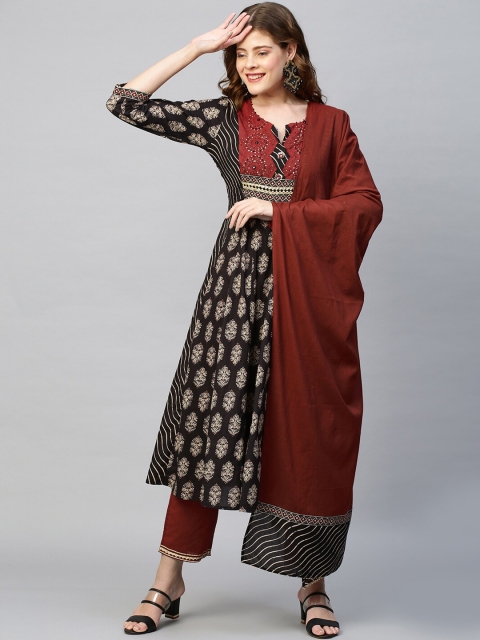 

FASHOR Women Black Ethnic Motifs Printed Pure Cotton Kurta with Palazzos & With Dupatta