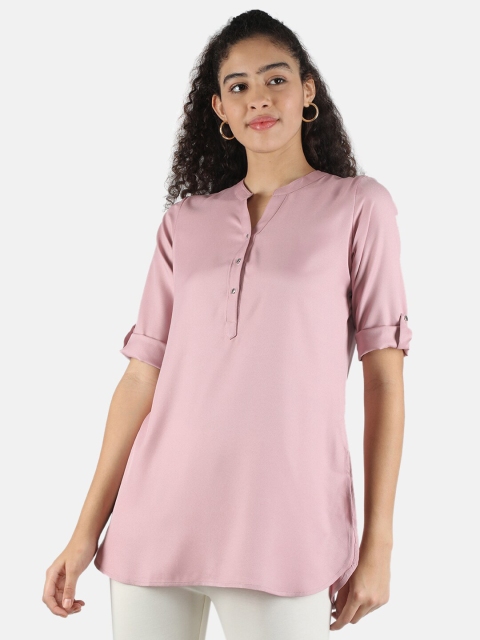

Monte Carlo Pink Mandarin Collar Roll-Up Sleeves Shirt Style Longline Top