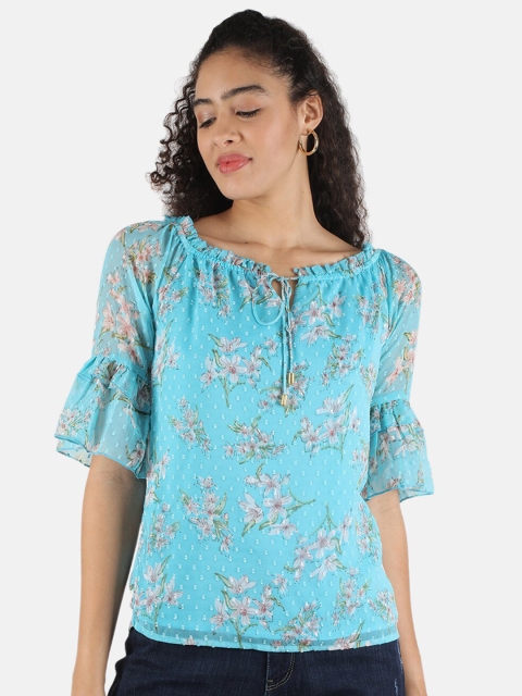 

Monte Carlo Turquoise Blue Floral Print Tie-Up Neck Top