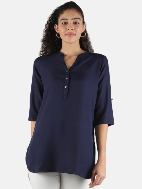

Monte Carlo Navy Blue Mandarin Collar Roll-Up Sleeves Shirt Style Longline Top