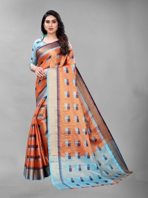 

PERFECTBLUE Orange & Blue Woven Design Zari Art Silk Kanjeevaram Saree