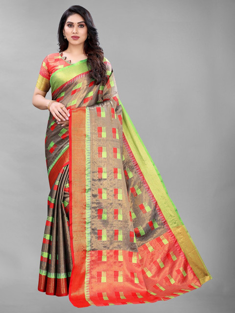 

PERFECTBLUE Silver-Toned & Orange Woven Design Zari Art Silk Kanjeevaram Saree