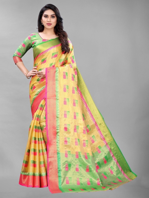 

PERFECTBLUE Yellow & Red Zari Art Silk Kanjeevaram Saree