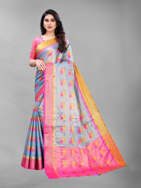 

PERFECTBLUE Blue & Pink Ethnic Motifs Art Silk Kanjeevaram Saree