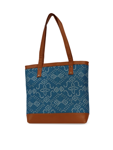 

LELYS Blue Printed Oversized Structured Tote Bag with Tasselled