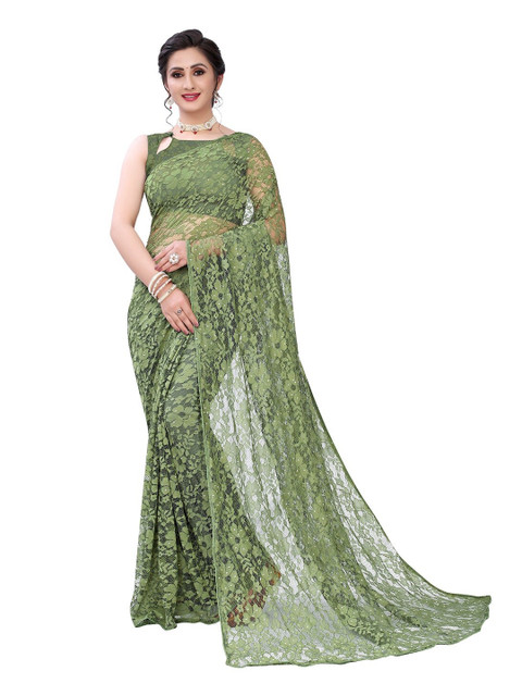 

PERFECTBLUE Green Floral Supernet Saree