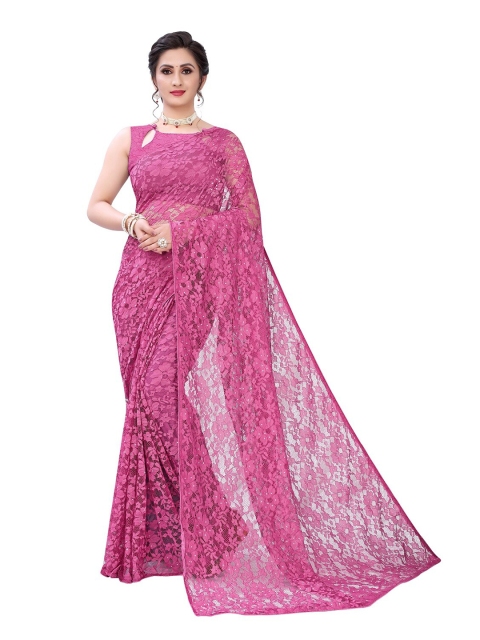 

PERFECTBLUE Pink Floral Jacquard Supernet Saree