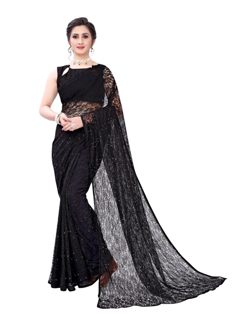 

PERFECTBLUE Black Floral Sequined Jacquard Supernet Saree