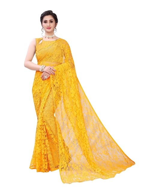 

PERFECTBLUE Yellow Floral Jacquard Supernet Saree