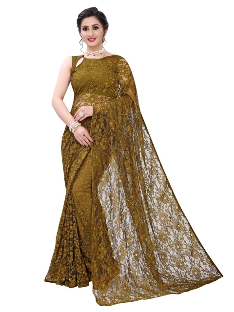 

PERFECTBLUE Mustard Floral Sequinned Supernet Saree