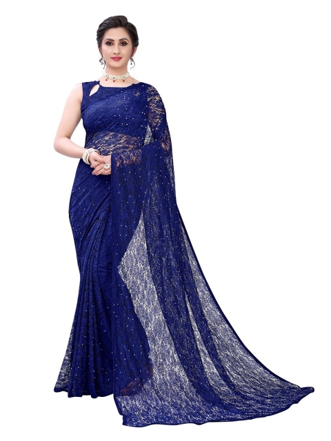 

PERFECTBLUE Blue Floral Beads and Stones Supernet Saree