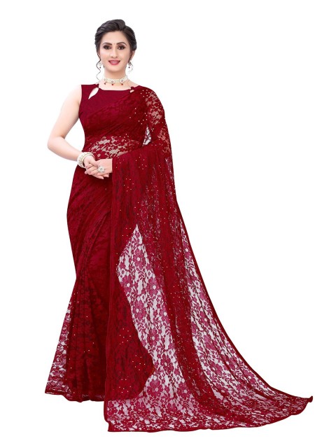 

PERFECTBLUE Maroon Floral Supernet Saree