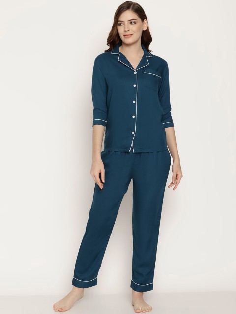 

COASTLAND Women Teal Blue Solid Night suit