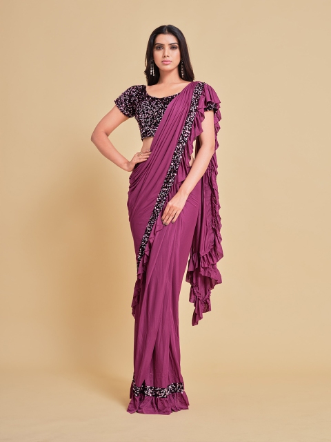 

Sangria Purple & Black Sequinned Satin Ruffle Saree
