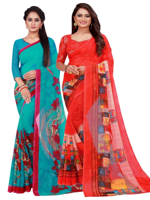 

Florence Pack of 2 Red & Teal Green Printed Pure Georgette Saree