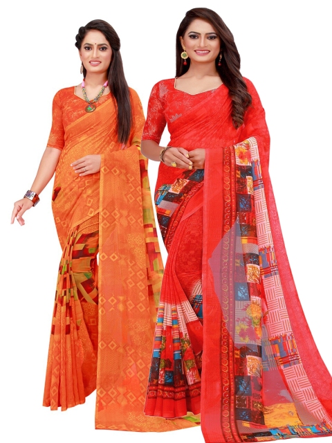 

Florence Pack of 2 Orange & Red Pure Georgette Sarees