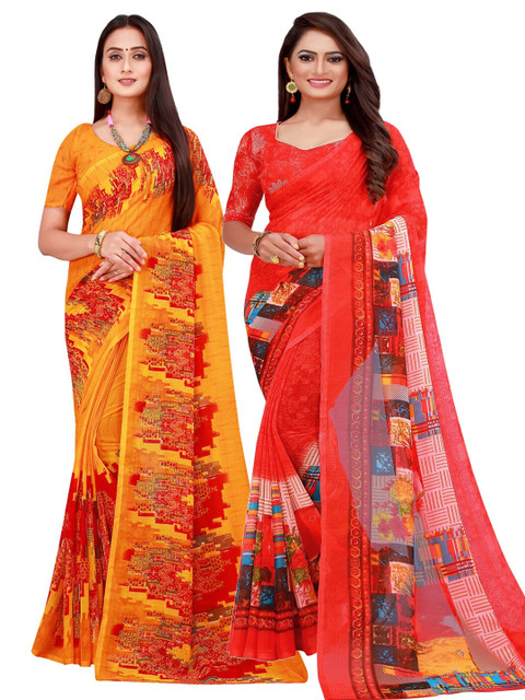 

Florence Pack of 2 Orange & Red Printed Pure Georgette Saree
