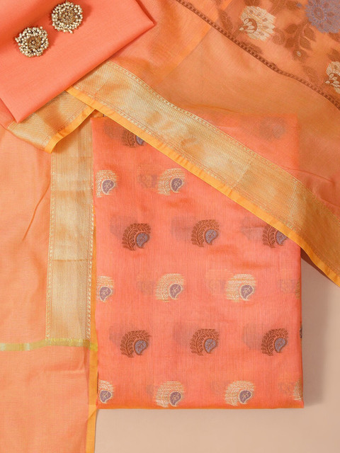 

Soch Orange & Gold-Toned Chanderi Woven Design Unstitched Dress Material