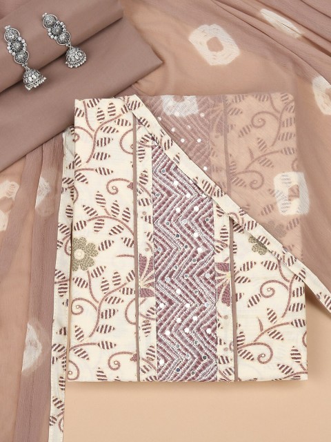 

Soch Cream-Coloured & Purple Printed Viscose Rayon Unstitched Dress Material