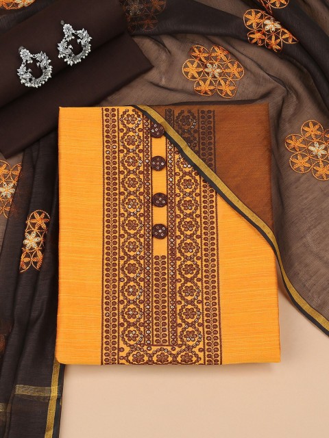 

Soch Mustard & Brown Embroidered Pure Silk Unstitched Dress Material