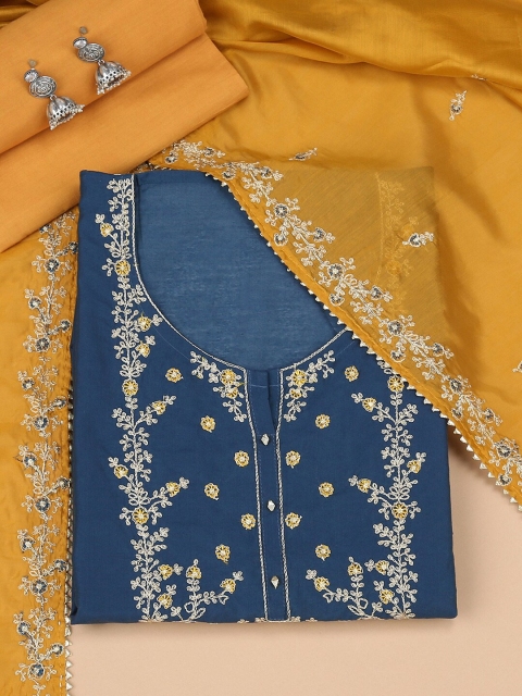 

Soch Blue & Yellow Embroidered Chanderi Unstitched Dress Material
