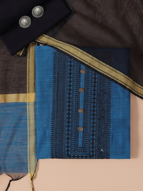 

Soch Blue & Gold-Toned Embroidered Pure Silk Unstitched Dress Material