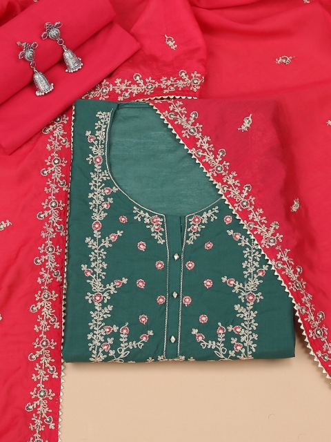 

Soch Green & Red Embroidered Chanderi Unstitched Dress Material