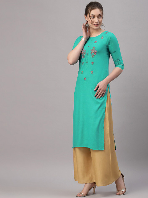 

KALINI Women Sea Green & Pink Ethnic Motifs Embroidered Thread Work Kurta