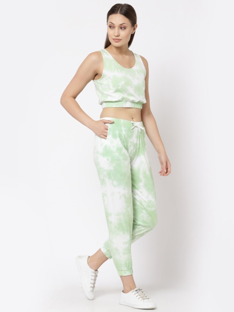 

YOONOY Women White & Green Pure Cotton Tie & Dye Co-ords