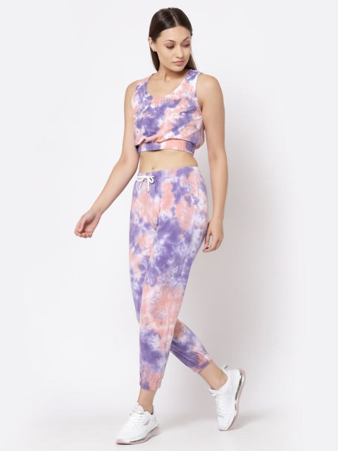 

YOONOY Women Purple & Peach Tie & Dye Bralette Top And Jogger Co-Ords