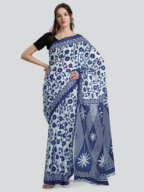 

KALINI Blue & White Floral Pure Cotton Saree