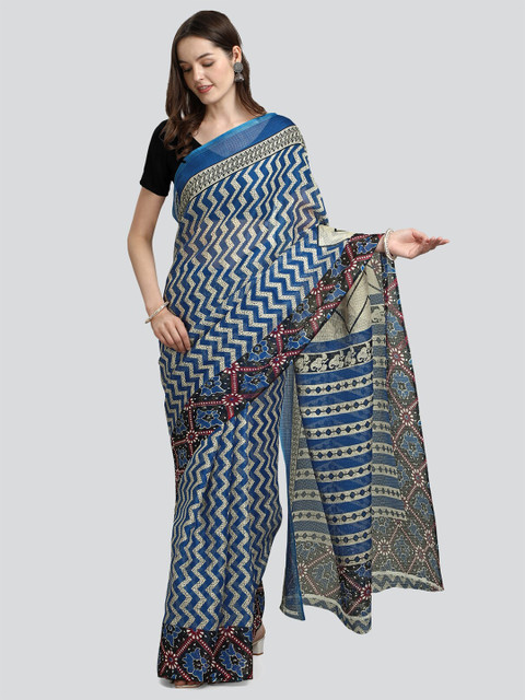 

KALINI Blue & Cream-Coloured Kota Printed Saree