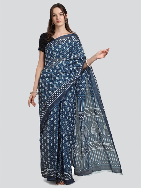 

KALINI Blue & White Floral Printed Pure Cotton Saree