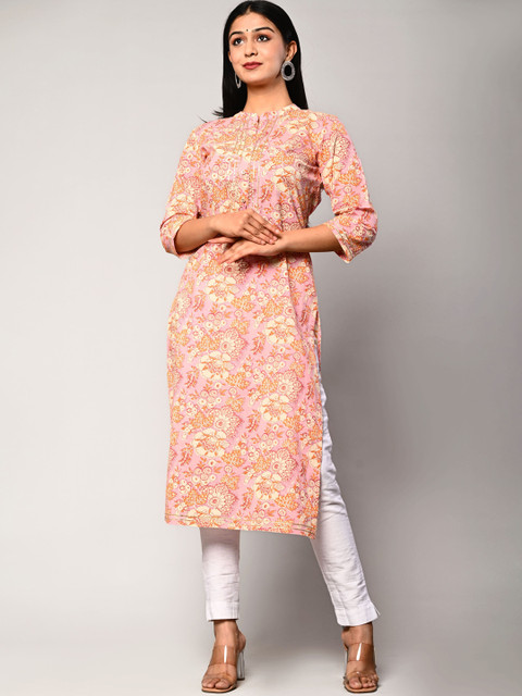 

Swasti Women Peach-Coloured Floral Printed Cotton Kurta