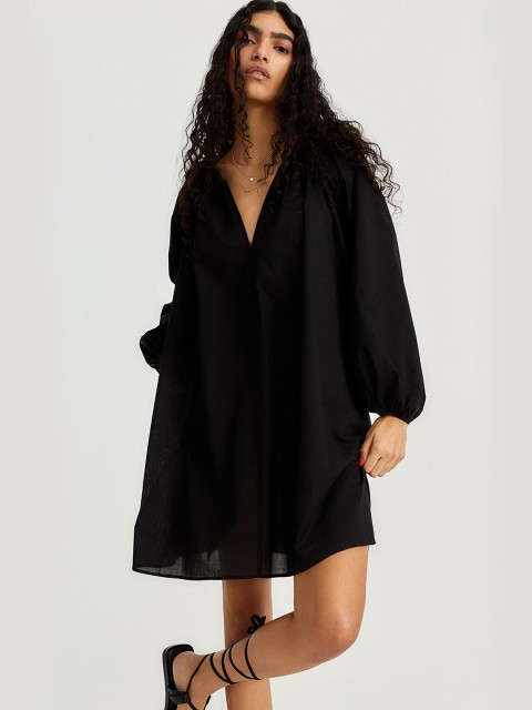 

H&M Women Black Solid V-neck Cotton A-Line Dress
