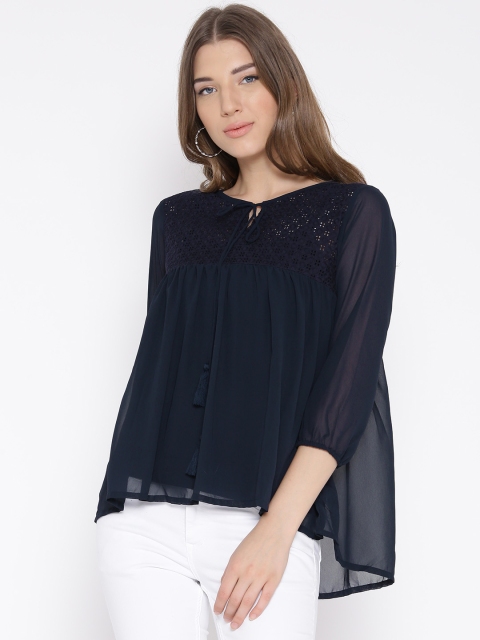 

Lee Cooper Women Navy Embroidered Detail Georgette Semi-Sheer A-Line Top, Navy blue