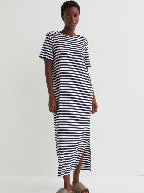 

H&M Navy Blue & White Ribbed Modal-Blend T-Shirt Dress