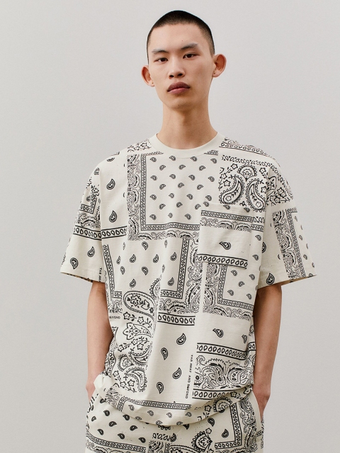 H&M Beige Oversized Fit Patterned Cotton T-Shirt