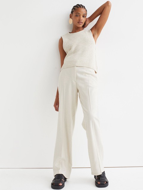 

H&M Women Beige Solid Straight Linen-Blend Trousers
