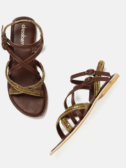 

DressBerry Women Brown & Gold-Toned Open Toe Flats