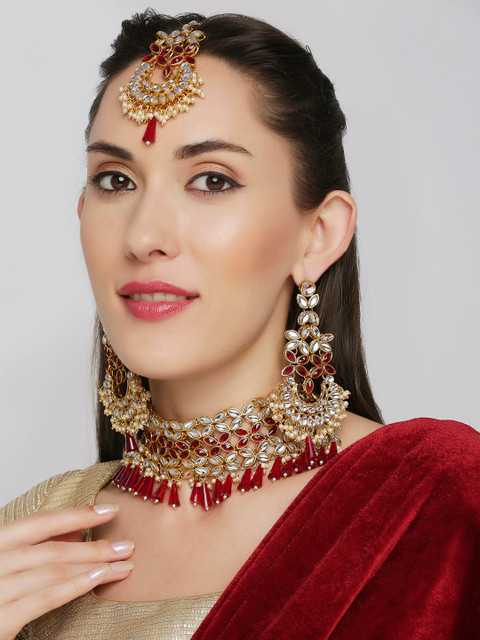 

OOMPH Women Gold-Plated Red and White Stone Studded Beads and Kundan Jewellery Set