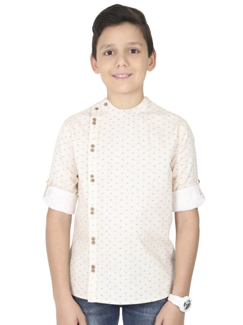 

MANET Boys Cream-Coloured Classic Printed Party Shirt