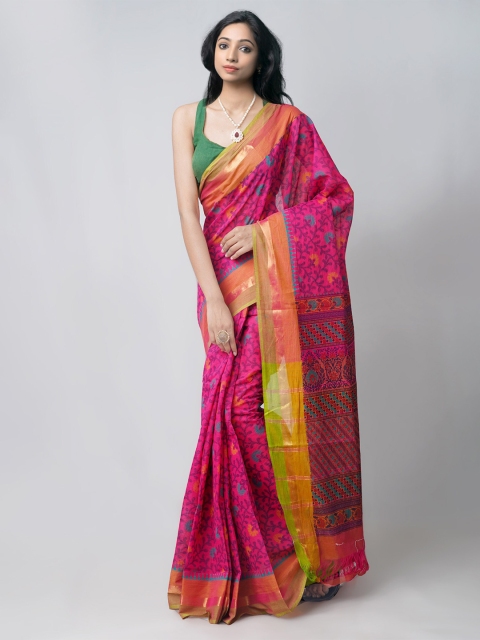 

Unnati Silks Pink & Blue Ethnic Motifs Pure Cotton Hand Block Print Saree