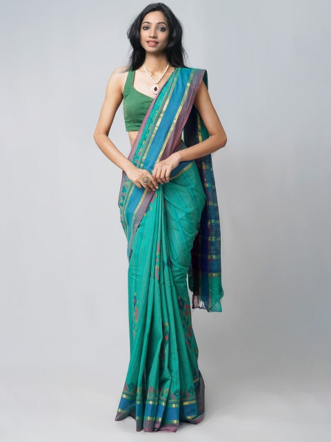 

Unnati Silks Green & Red Ethnic Motifs Pure Hand Block Printed Cotton Saree