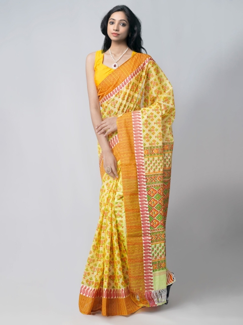 

Unnati Silks Yellow & Green Ethnic Motifs Pure Cotton Hand Block Print Saree